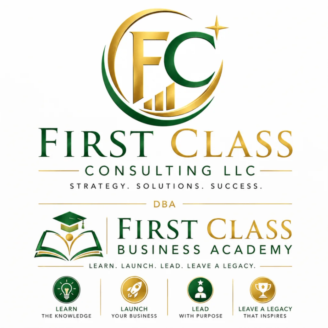 First Class Business Academy logo with the message Learn, Launch, Lead, Leave a Legacy
